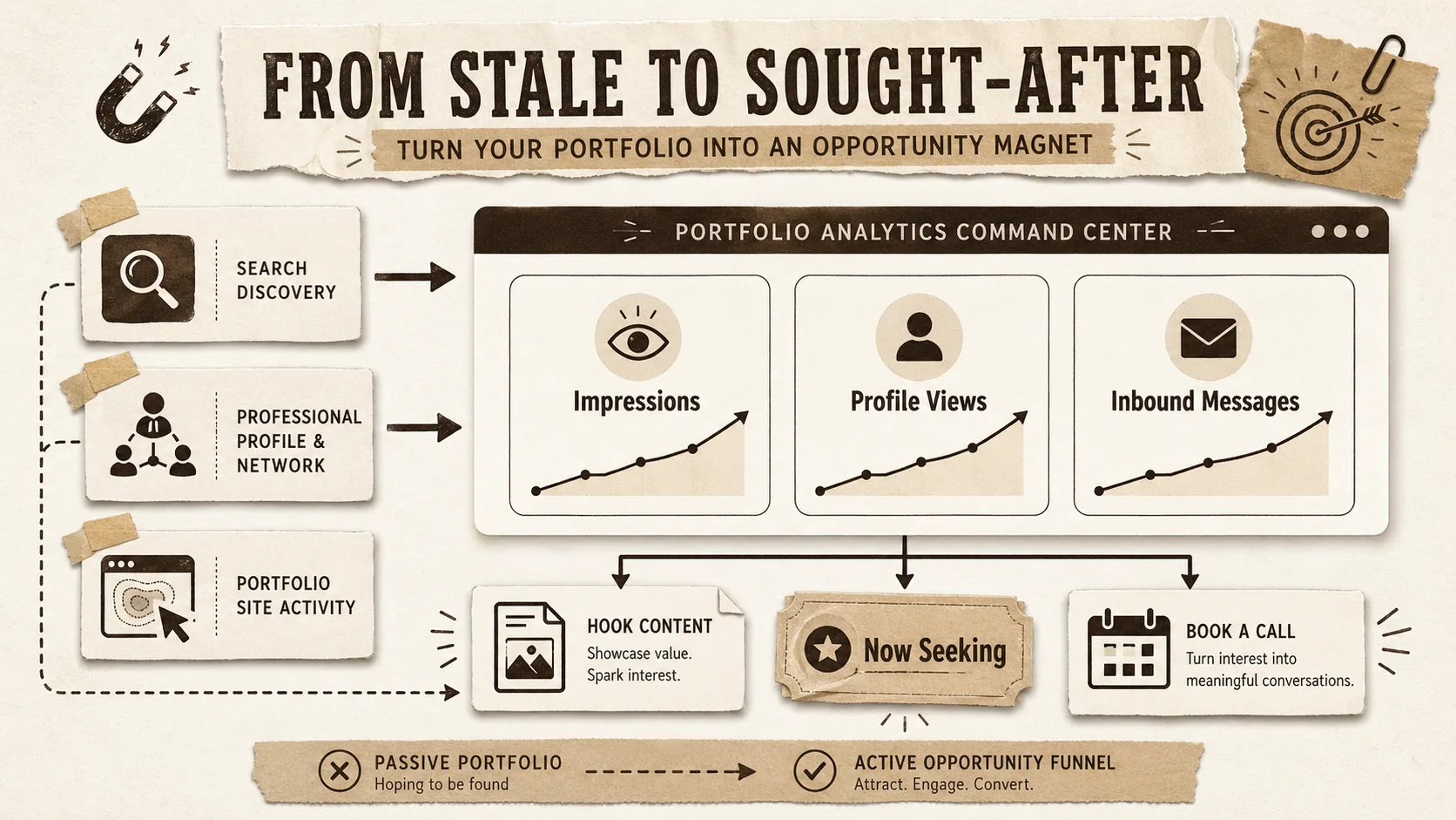 Screenshot of a custom-built dashboard pulling data from Google Search Console, LinkedIn analytics, and portfolio site analytics into a single view showing 'Impressions', 'Profile Views', and 'Inbound Messages'.