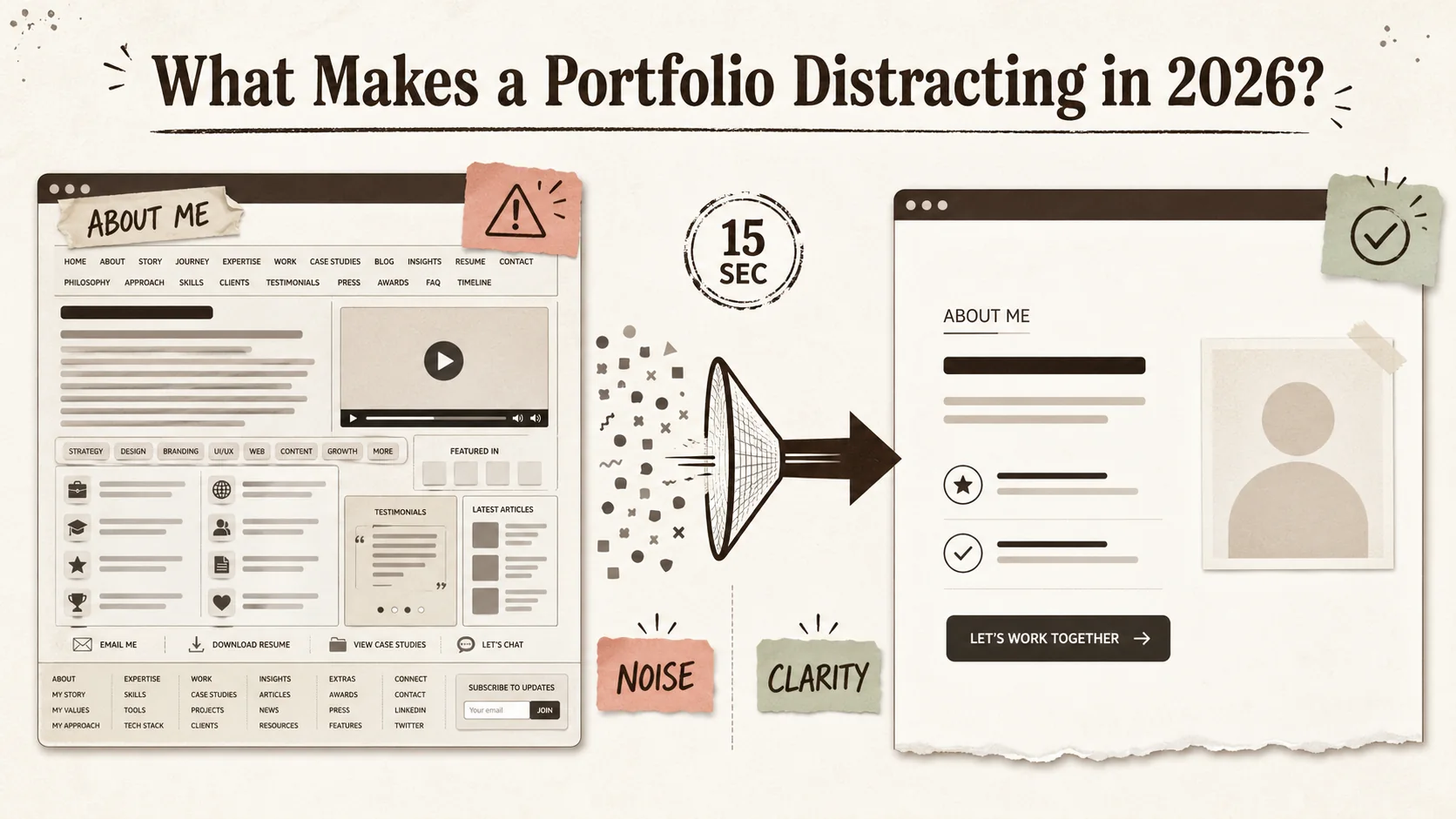 A screenshot comparison showing a dense, text-heavy 'About Me' section next to a concise bio with a clear headline and photo.