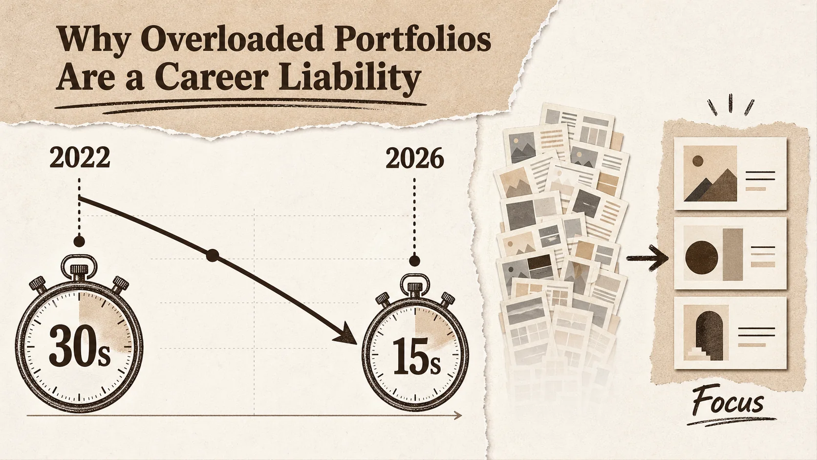 A chart or infographic showing the drop in recruiter attention span from 2022 to 2026, from 30 seconds to 15 seconds.