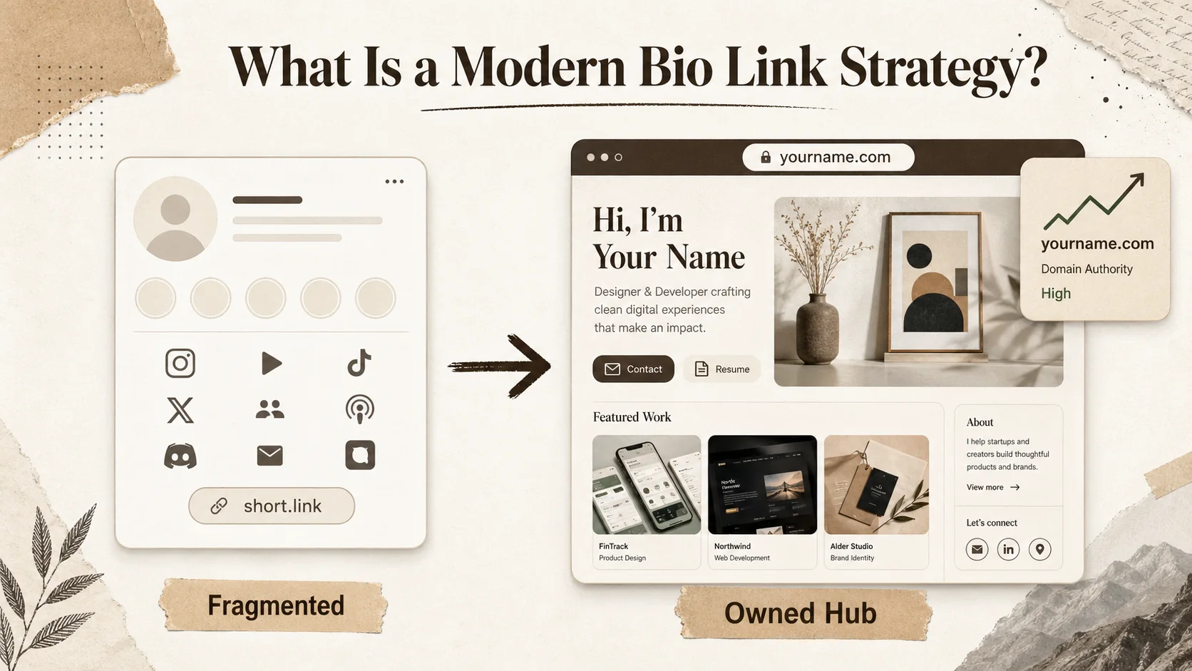 A side-by-side comparison screenshot: left shows a generic social media bio with a shortlink, right shows a clean, personalized portfolio page at a custom domain.