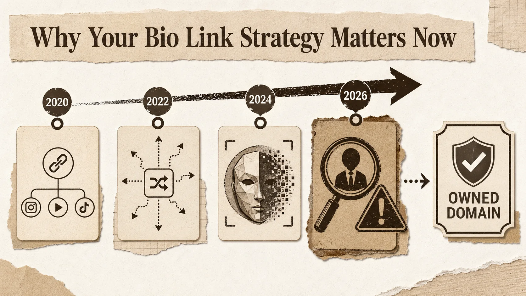 A graphic showing a timeline from 2020 to 2026, with icons representing algorithm changes, AI-generated profiles, and recruiter skepticism increasing over time.