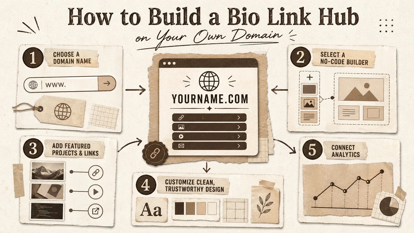 A step-by-step visual guide showing: 1. Choosing a domain name, 2. Selecting a portfolio builder, 3. Adding projects and links, 4. Customizing design, 5. Connecting analytics.