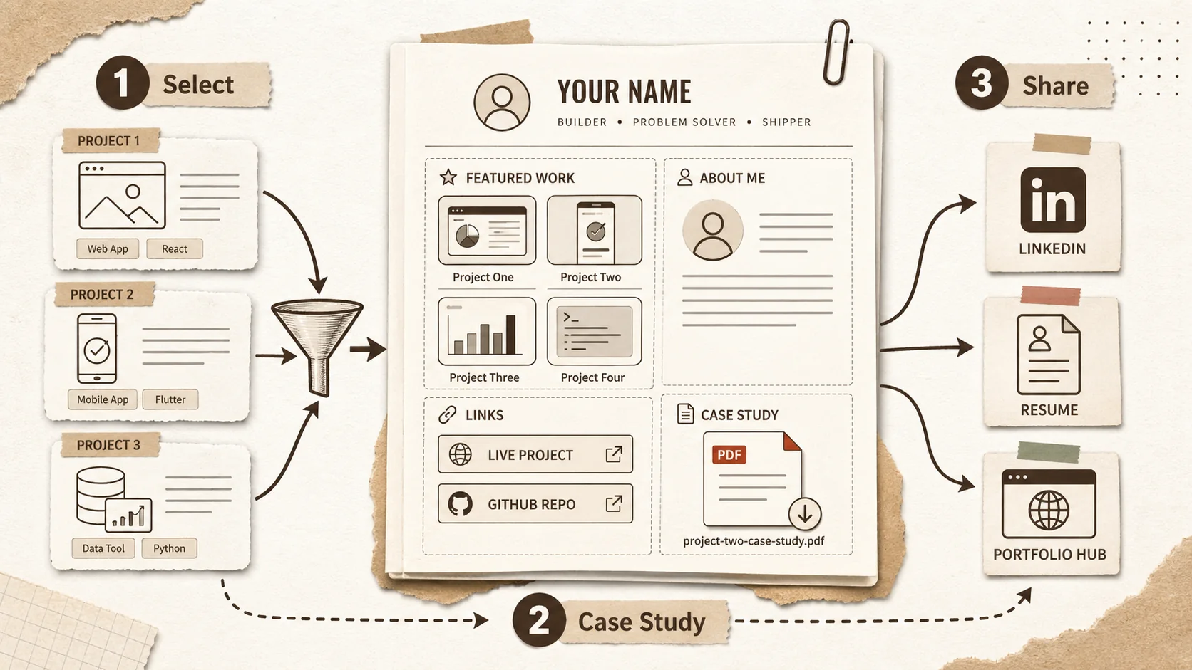 Screenshot of a Popout portfolio page, showing a clean layout with sections for 'Featured Work', a personal bio, links to a live project, GitHub, and a downloadable case study PDF