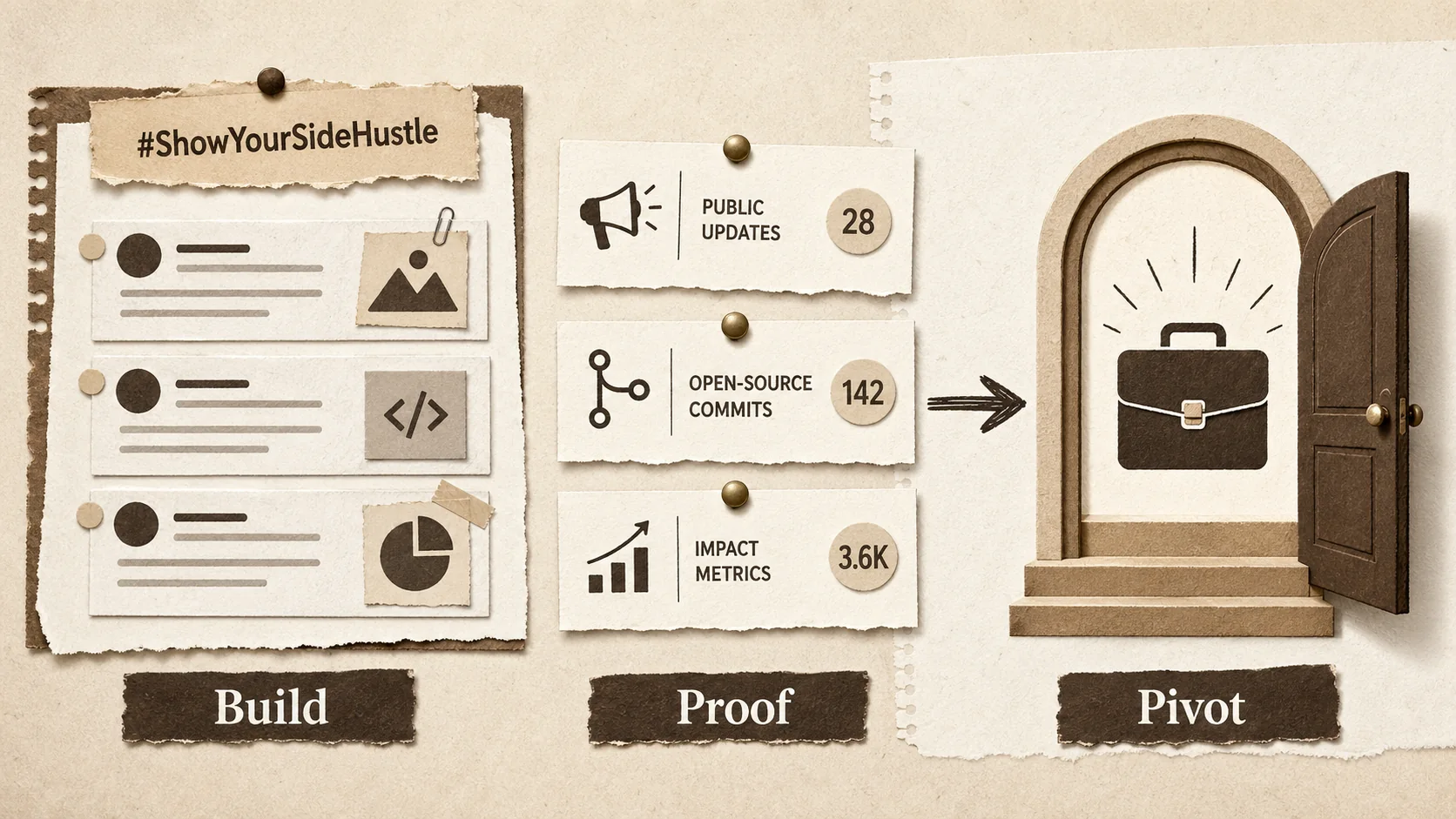 Screenshot of a Twitter/X thread under the hashtag #ShowYourSideHustle, showing multiple posts from professionals linking their side projects and discussing how it led to job opportunities