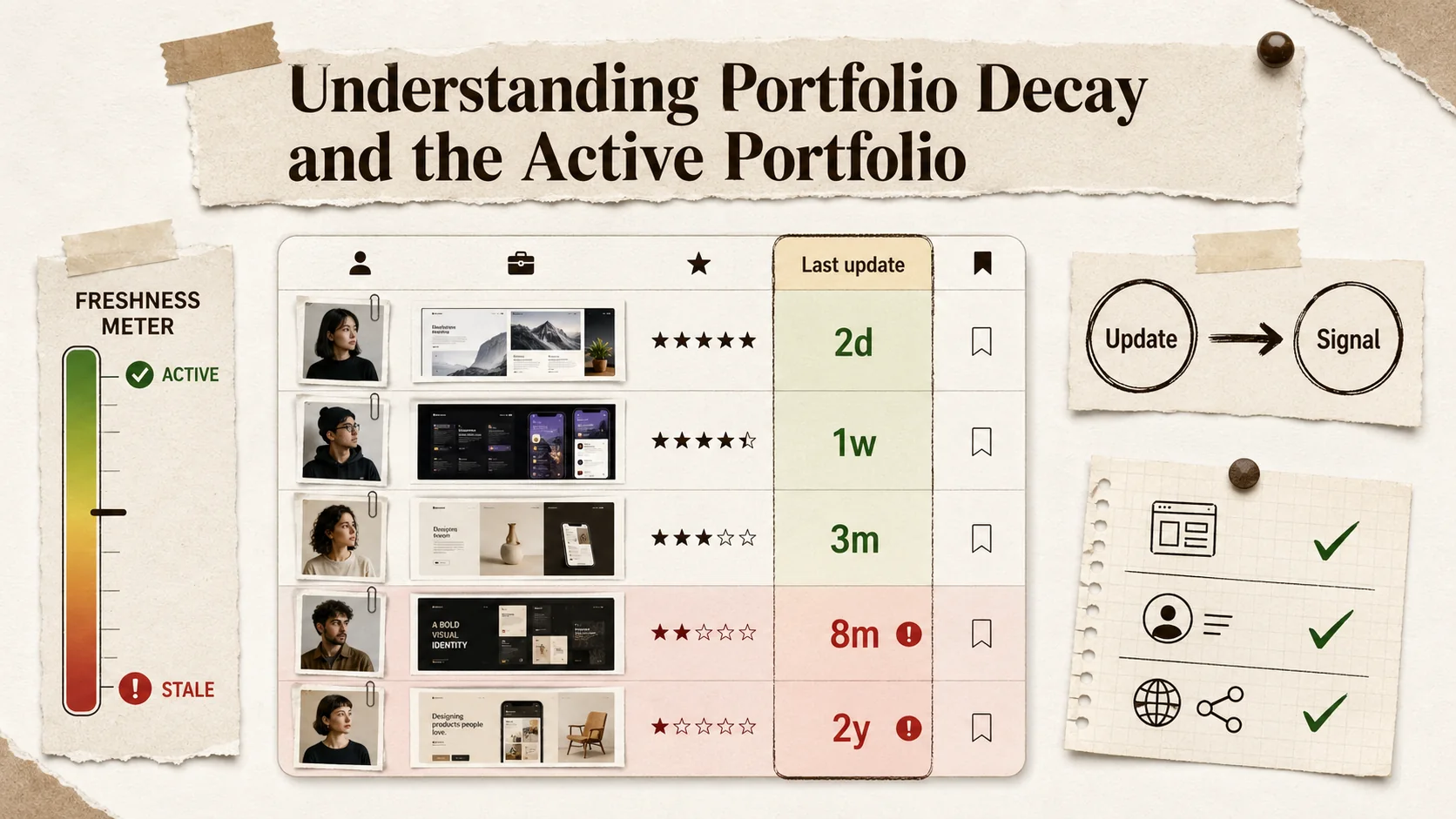 Screenshot of a LinkedIn Sales Navigator or similar recruiting tool dashboard showing a list of candidate profiles. One column is highlighted titled "Last Profile Update," showing dates ranging from "2 days ago" to "2+ years ago," with older dates flagged in red.