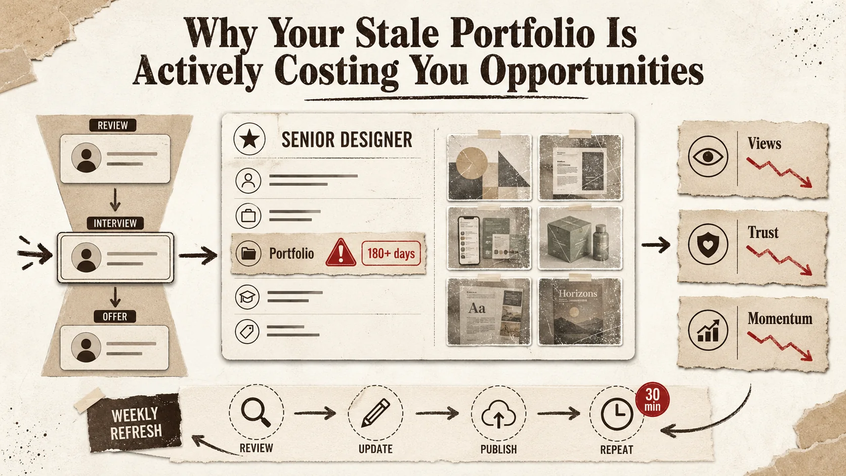 Screenshot of an Applicant Tracking System (ATS) dashboard like Lever or Greenhouse. The view shows a pipeline for a "Senior Designer" role. One candidate card is expanded, showing a red alert icon next to a field labeled "Portfolio Last Verified" with the note ">180 days. Consider requesting updated work samples."