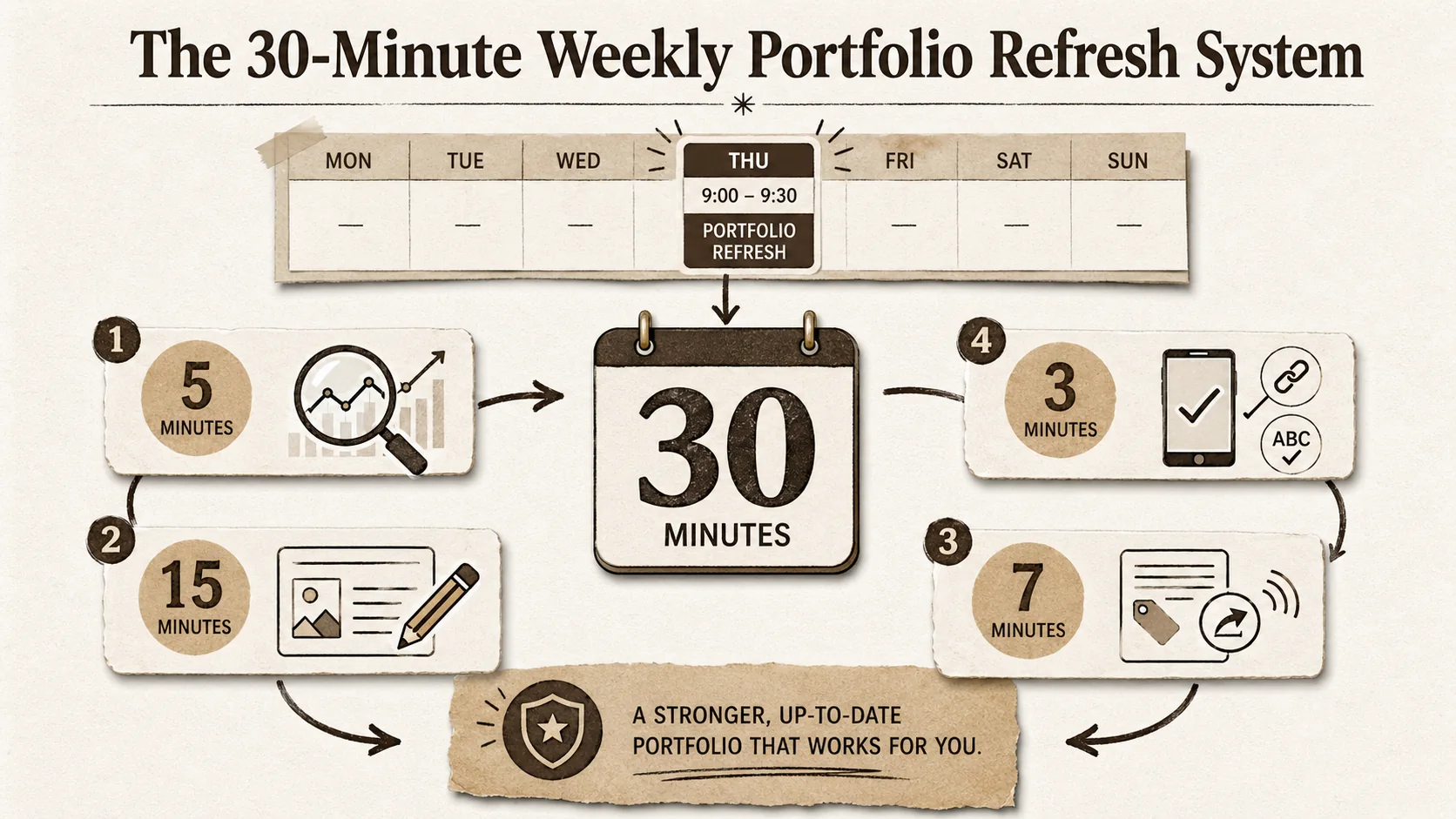 Screenshot of a time-blocked calendar app like Google Calendar or Cron. The view is a single week, and every Thursday from 9:00 AM to 9:30 AM is blocked with a recurring event titled "PORTFOLIO REFRESH." The event details show a checklist: "1. Check Analytics, 2. Update One Project, 3. Tweak Bio/Headline, 4. Review Links."
