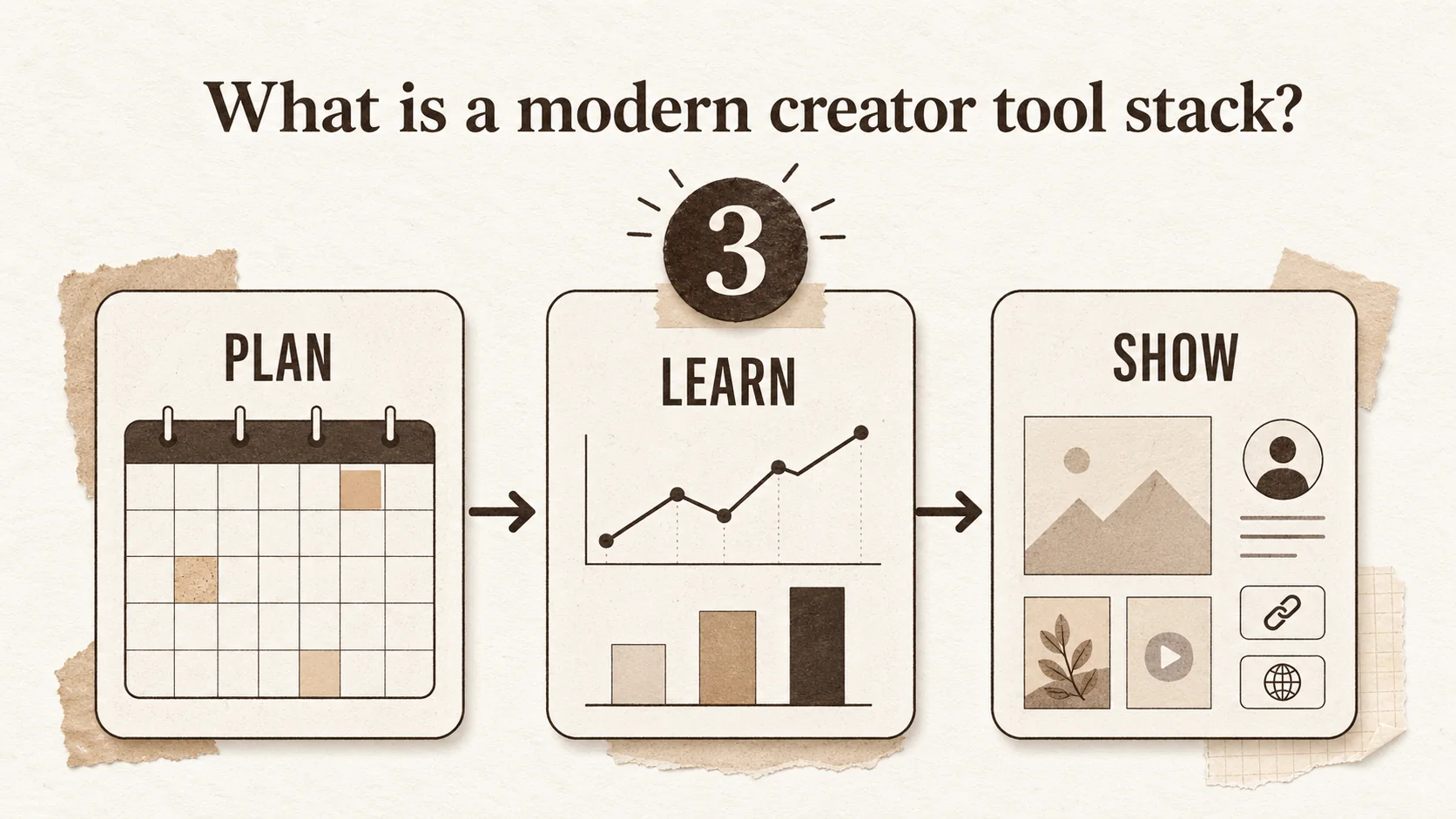 A clean, minimalist dashboard showing three connected apps: a content calendar, an analytics panel, and a portfolio page