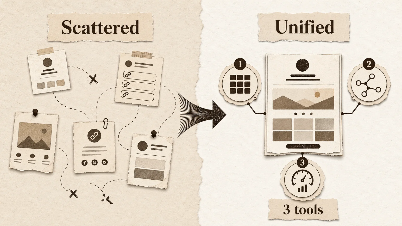 A split-screen image: one side shows a messy, inconsistent set of profiles; the other shows a clean, unified personal brand page