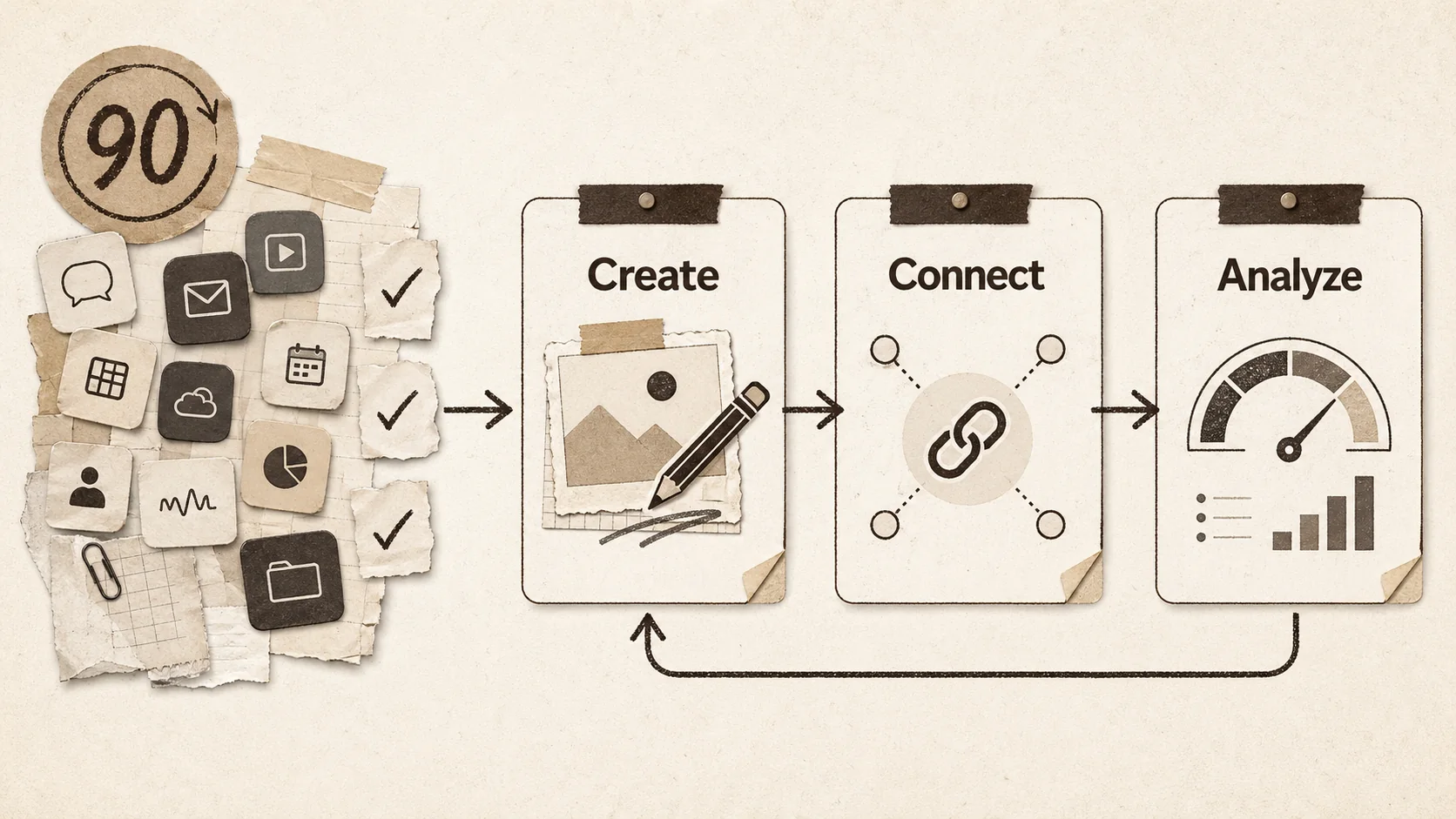 A flowchart showing three boxes: Create, Connect, Analyze, with arrows showing data flow between them