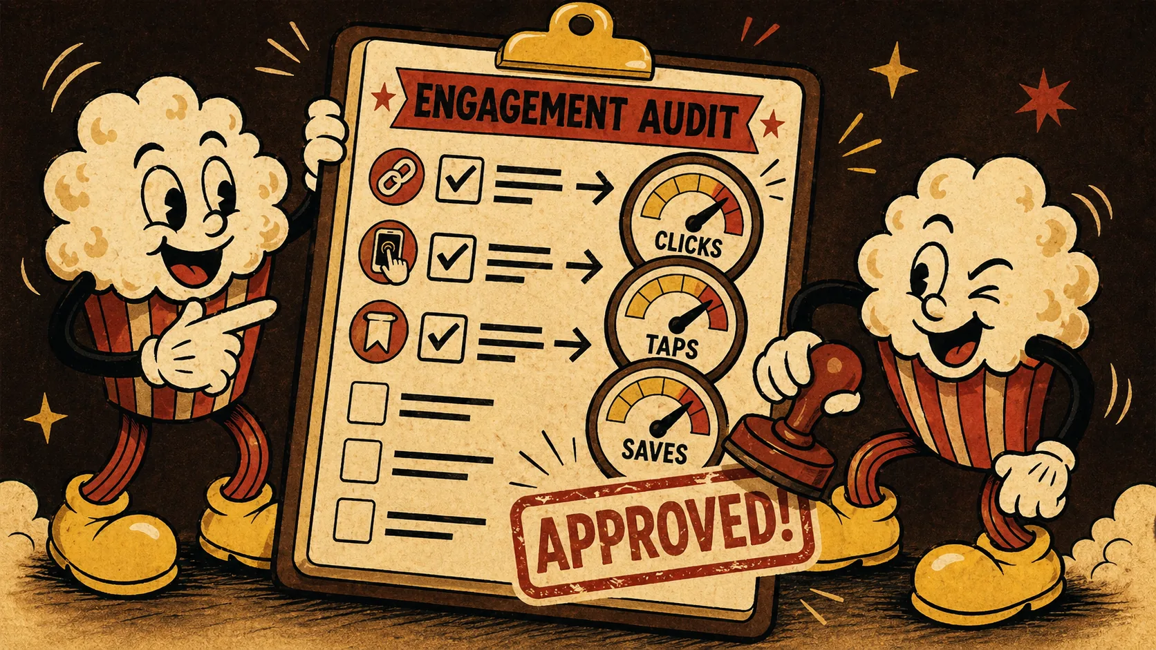 Popout popcorn mascots reviewing a bio link engagement audit checklist with click, tap, and save dials