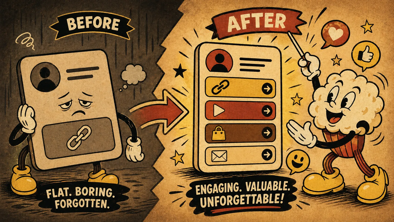 A Popout rubber-hose before-and-after scene turning a flat business-card bio link into an active engagement funnel