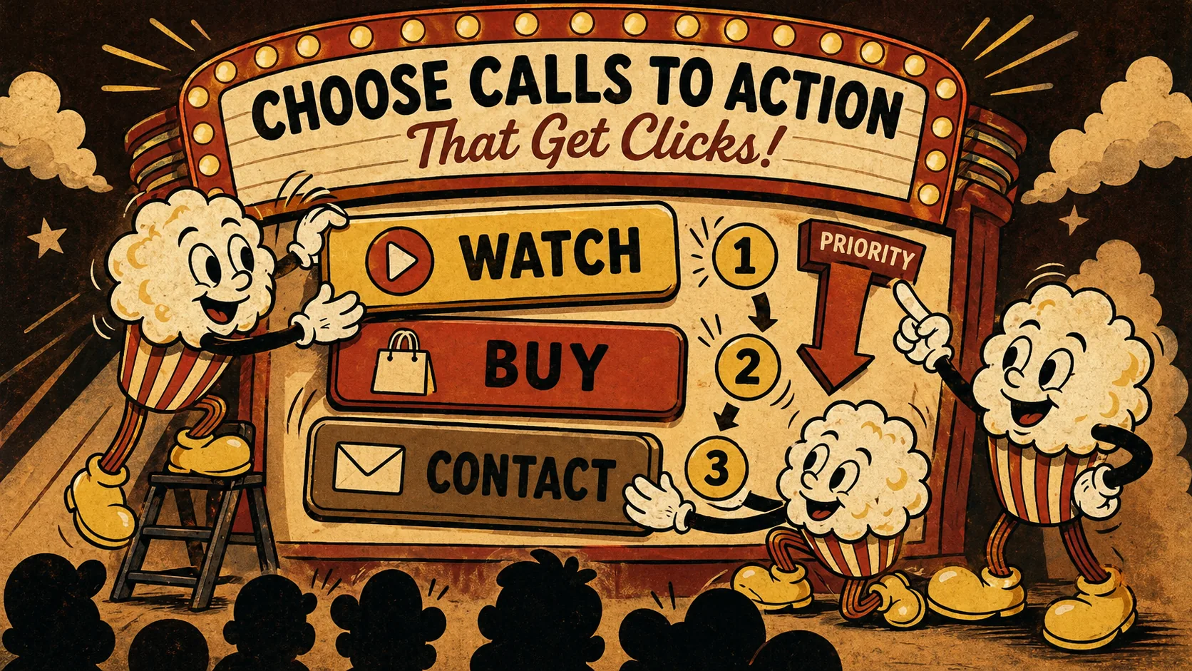 Popout popcorn mascots arranging creator call-to-action buttons in priority order on a vintage theater marquee