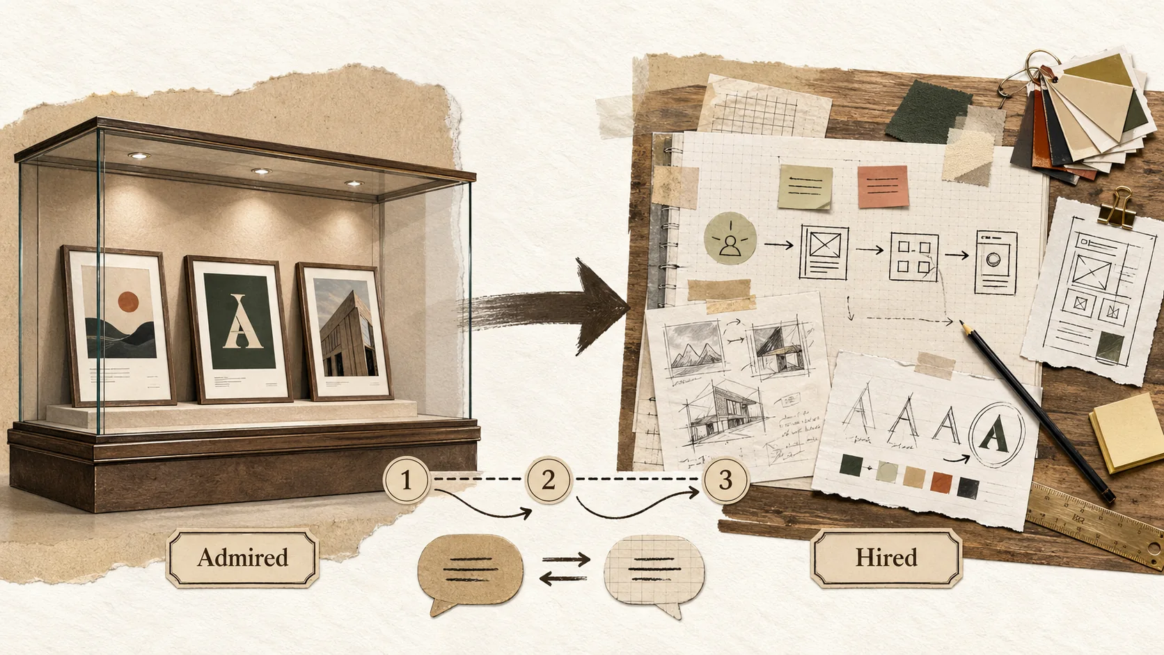 A side-by-side comparison: a static, museum-like display case versus an open, messy workshop table with tools, sketches, and notes visible.