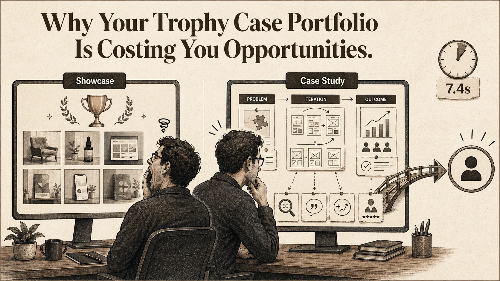 A hiring manager looking at two screens: one with a beautiful but generic portfolio site, yawning; the other with a detailed case study, leaning in with interest.