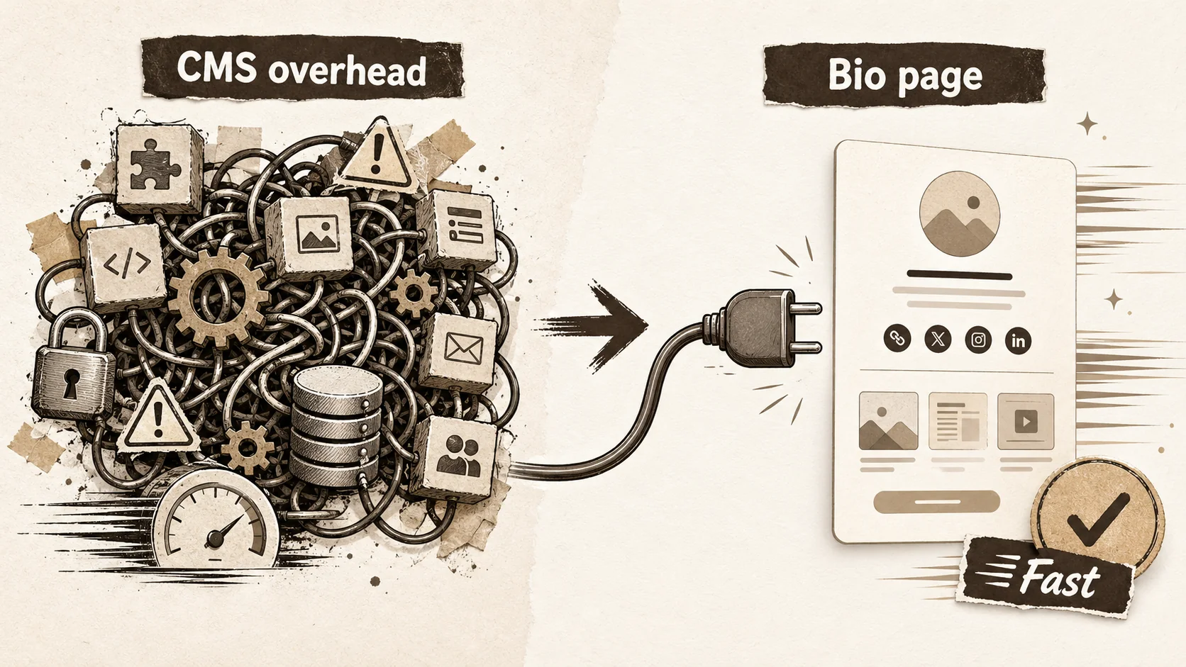 A side-by-side comparison showing a tangled knot of WordPress plugins and cables next to a single, sleek plug for a bio page builder