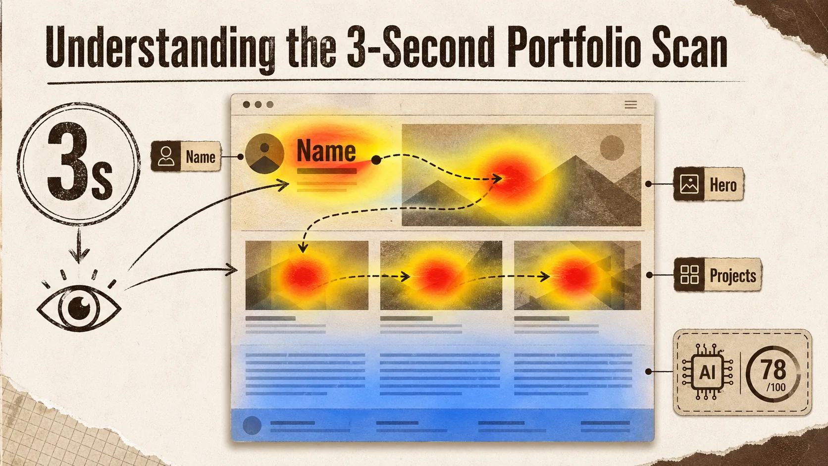 Screenshot of a heatmap visualization from an eye-tracking study. It shows a portfolio webpage with intense red and yellow clusters over the hero section, name, and primary project images, while the footer and dense text blocks remain cool blue, indicating no visual attention.