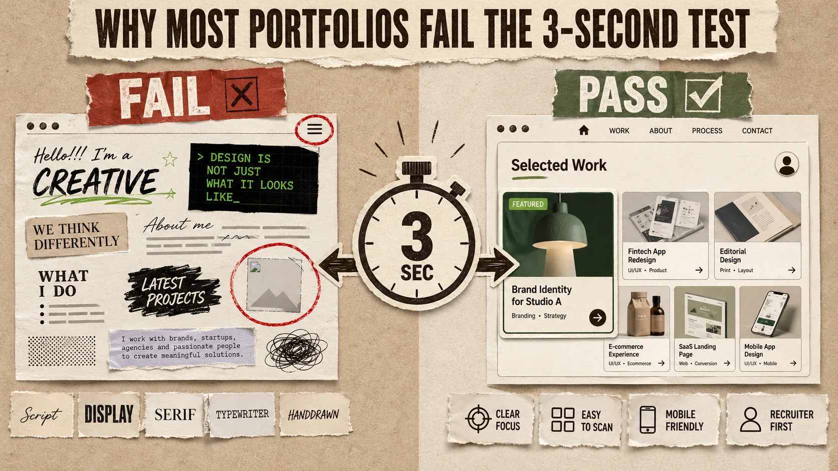 Screenshot of a cluttered portfolio website homepage. The text is small and dense, the color scheme is jarring (neon green on black), there are five different font styles, and the navigation is hidden under a vague hamburger menu. A red circle highlights a broken image link.
