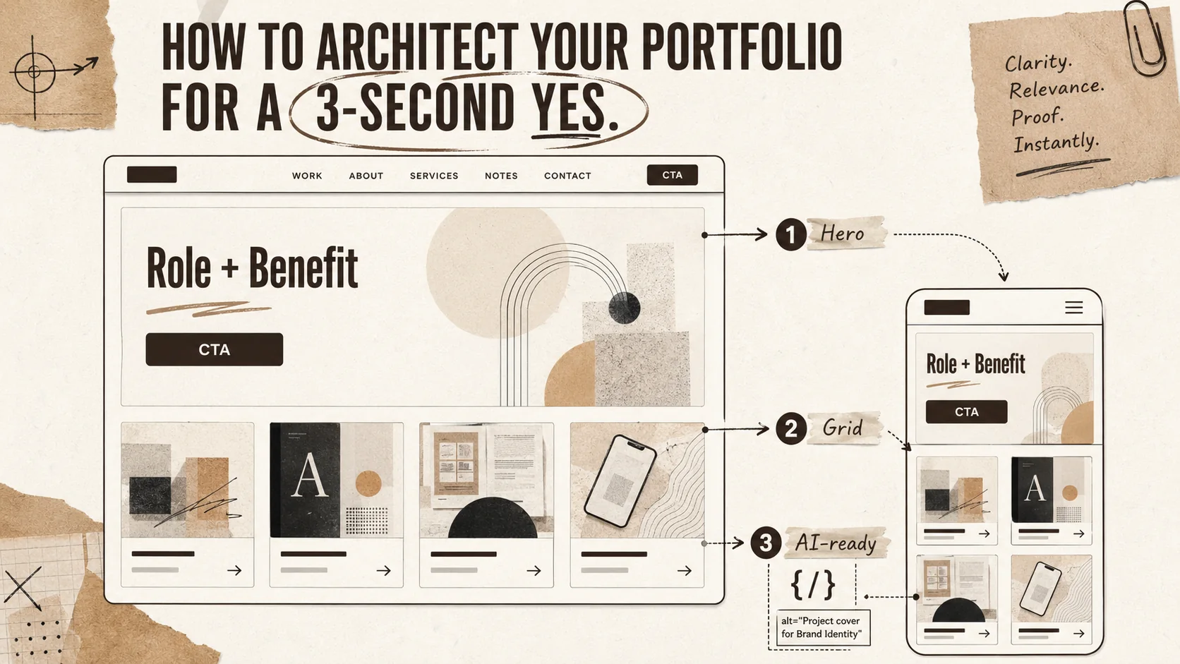 Screenshot of a perfectly optimized portfolio hero section on both desktop and mobile views. The desktop view shows a left-aligned headline "Frontend Engineer Crafting Fast, Accessible Web Apps," a sub-headline, a clear CTA button "View My Work," and a subtle, relevant background graphic. The mobile view below shows the same content perfectly scaled, with the headline and CTA immediately visible.