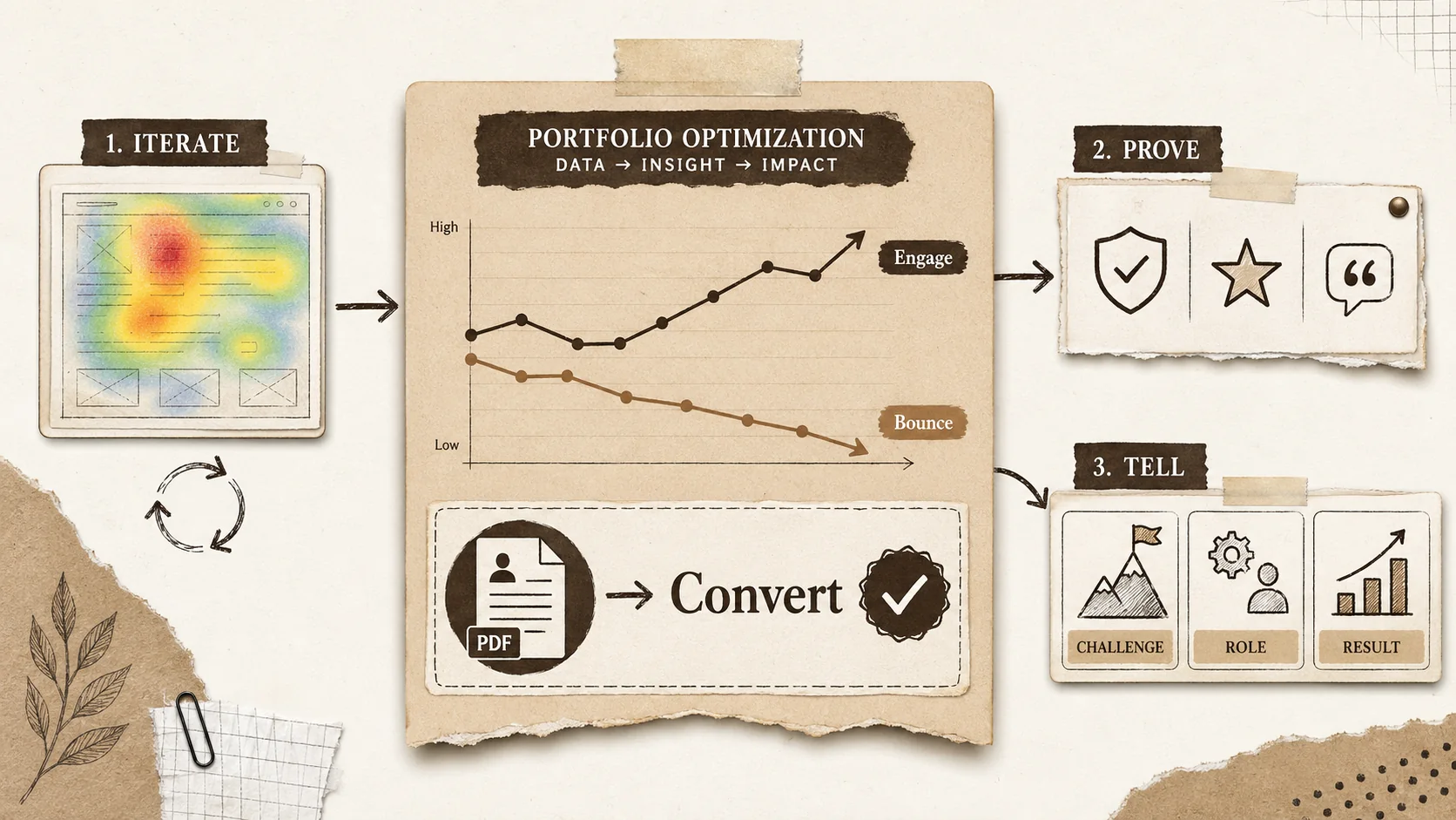 Screenshot of a Google Analytics 4 dashboard filtered for a portfolio page. The main chart shows a high 'Engagement Rate' and low 'Bounce Rate'. A secondary card highlights 'Top Conversions' with 'PDF Download (Resume)' as the primary event.