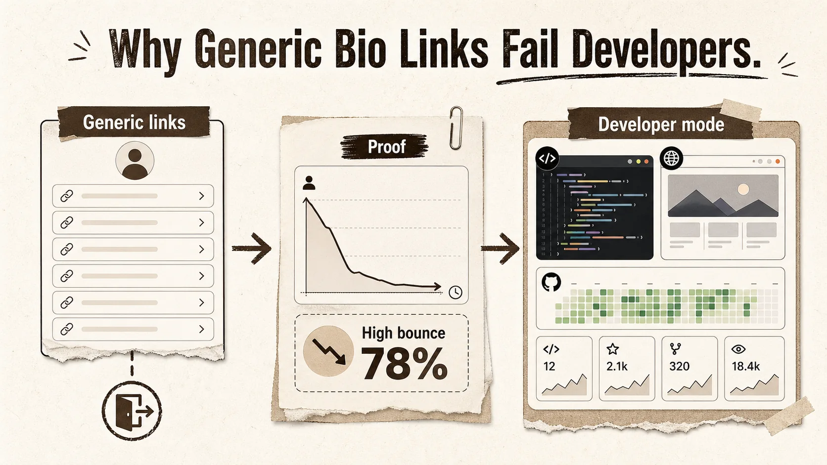 A frustrated developer looking at analytics showing high bounce rates on their generic bio link page.