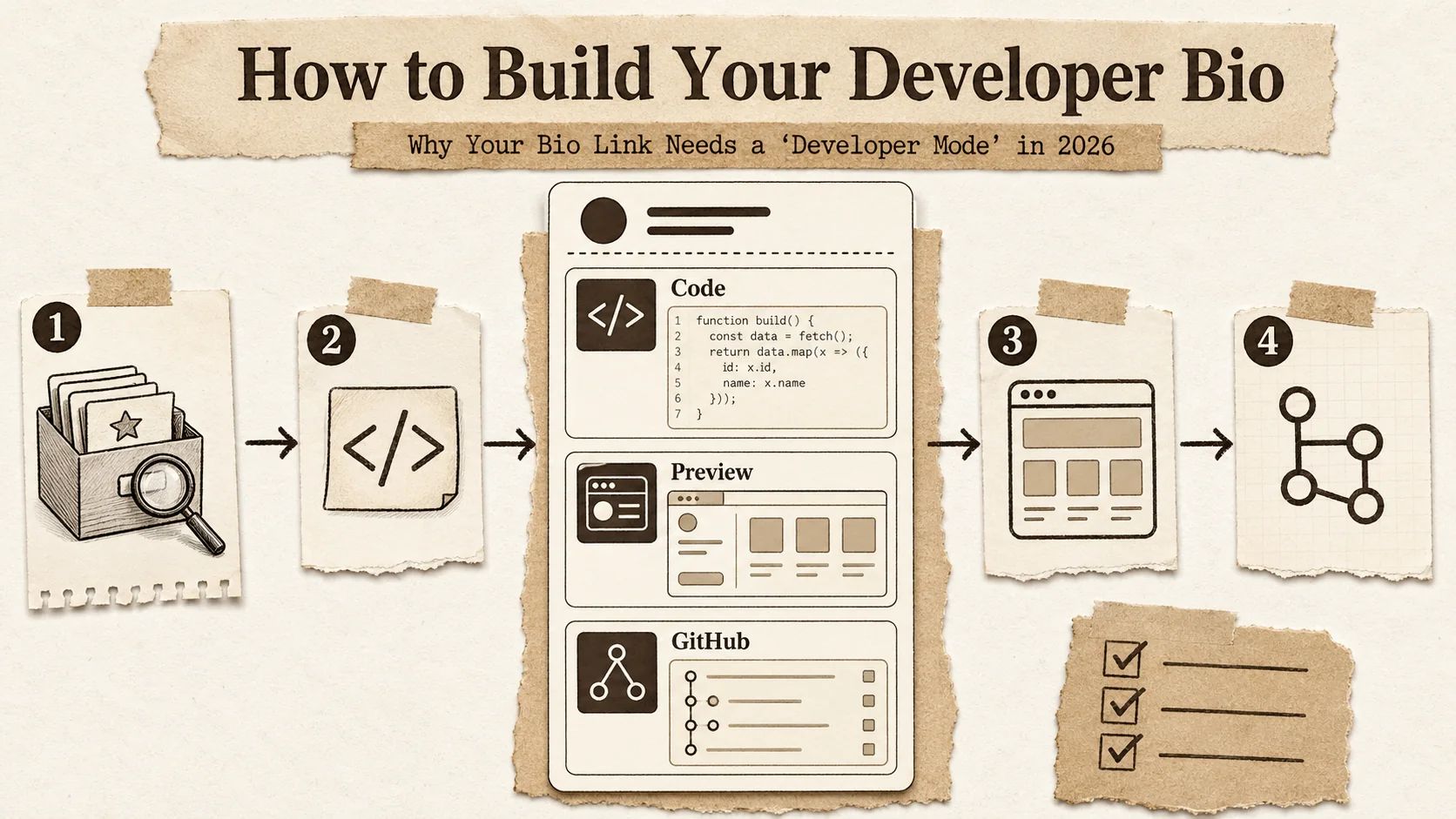 A step-by-step visual guide building a developer bio page, from adding a code block to connecting a GitHub account.