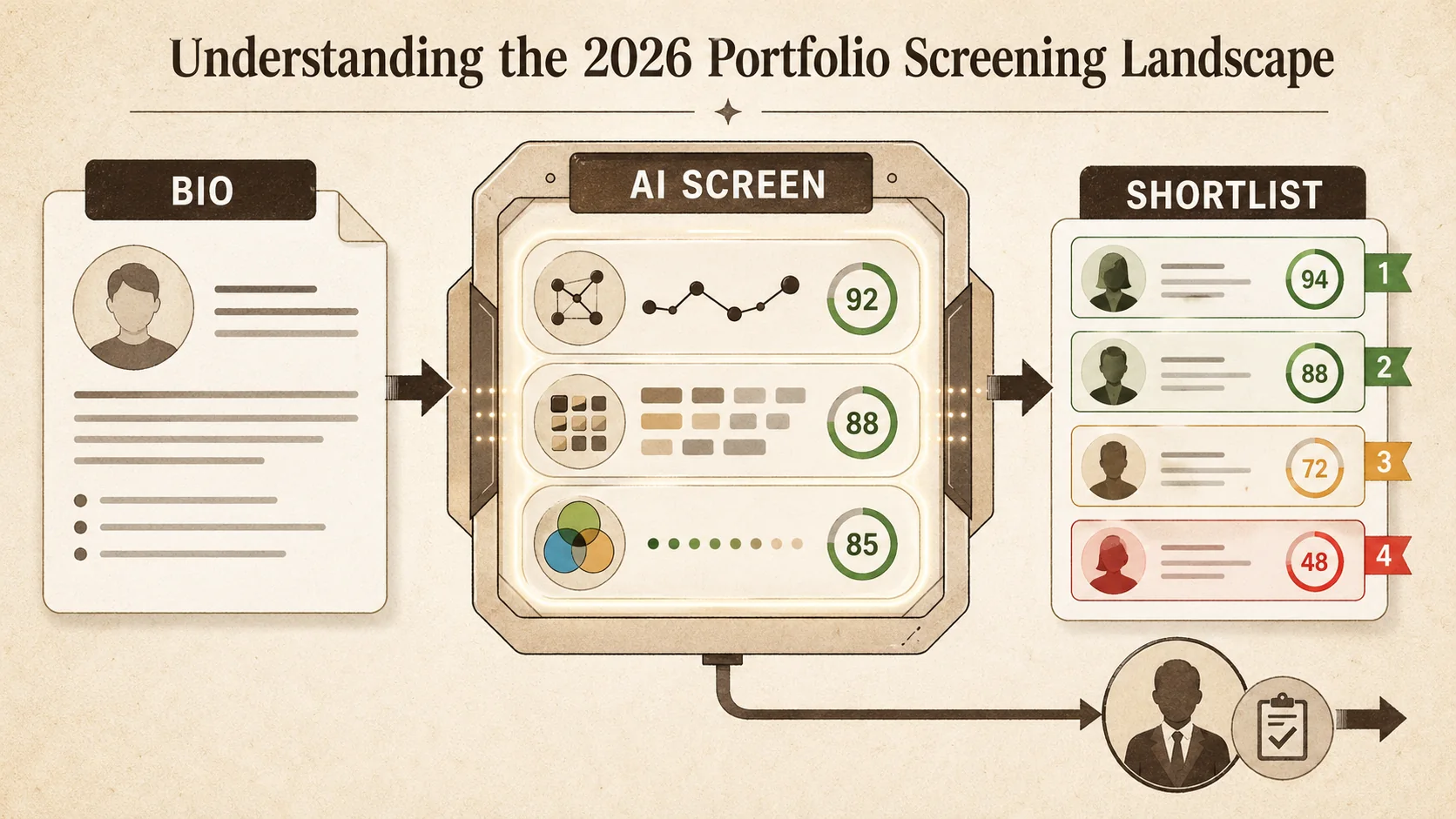 Screenshot of an AI recruitment platform dashboard, showing a list of candidate profiles with 'Narrative Coherence' and 'Skill Keyword Density' scores highlighted in red and green. The interface includes filters for 'Years of Experience' and 'Cultural Fit Indicators'.