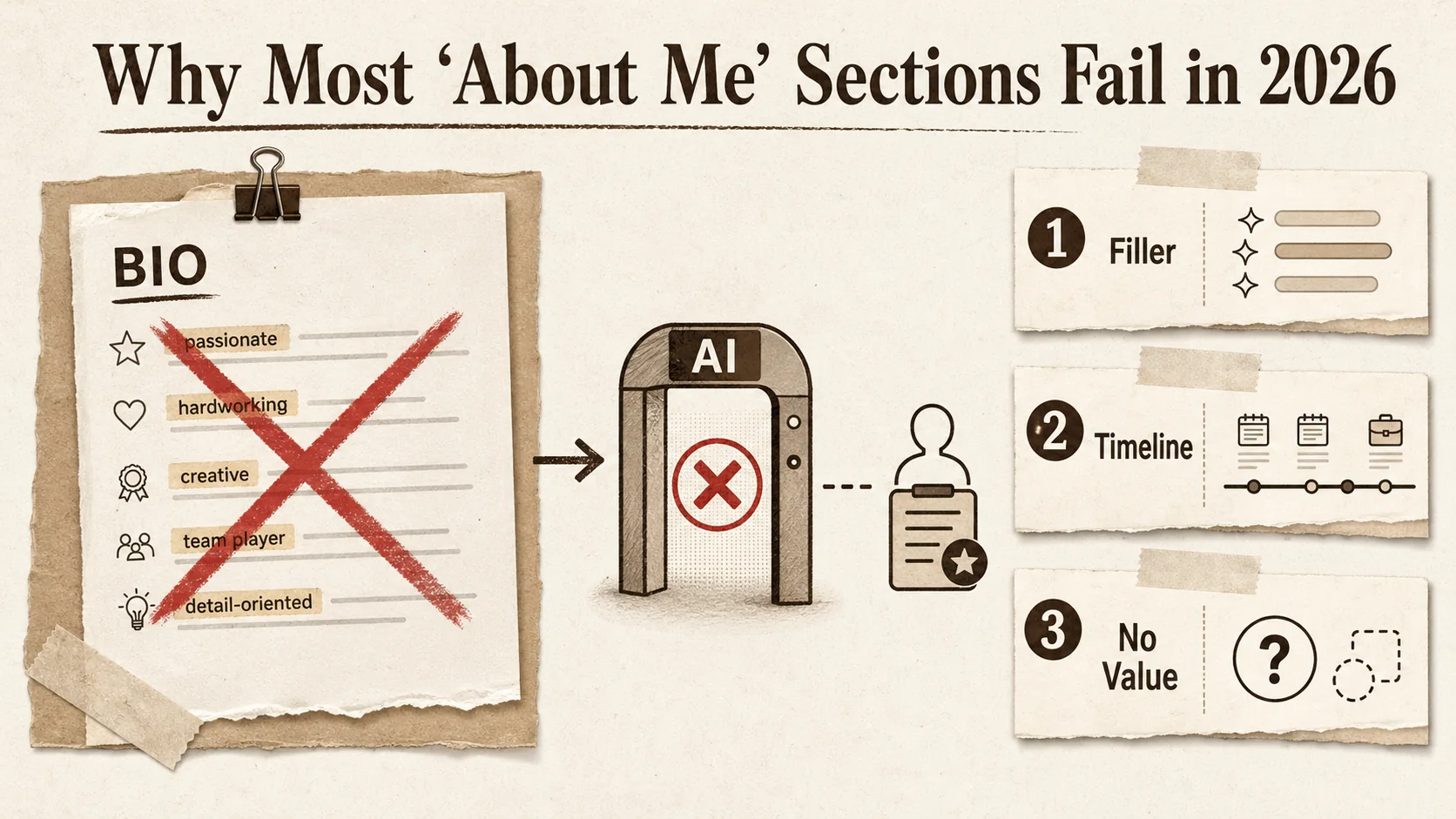 Screenshot of a generic portfolio 'About Me' section with highlighted text: "I am a passionate and results-driven professional with extensive experience in dynamic environments. I am a team player and a strong communicator." A large red 'X' is overlaid on the text.