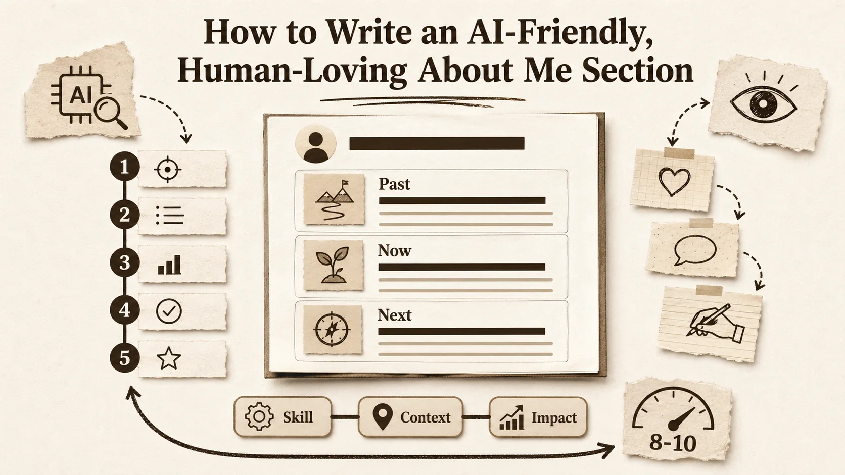 Screenshot of a well-structured 'About Me' page in a portfolio builder tool. The text is clearly divided into short paragraphs with headings like 'My Focus', 'How I Work', and 'Beyond Work'. Key phrases are subtly bolded.