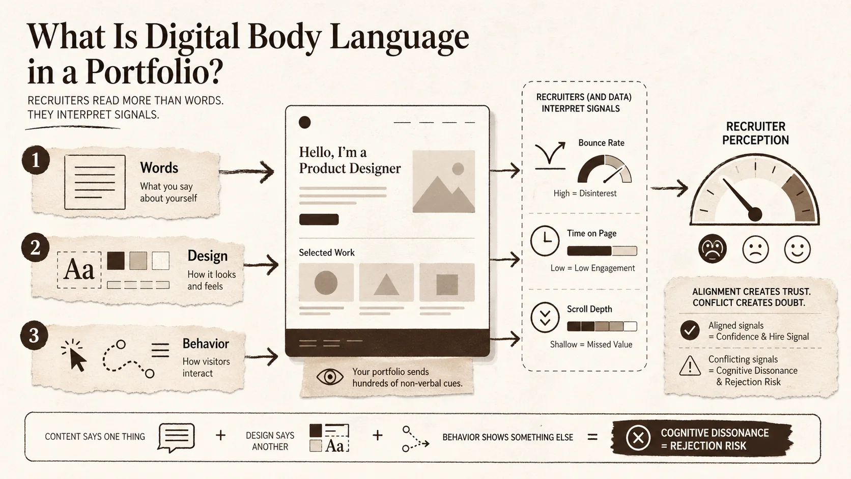 Screenshot of a Google Analytics 4 dashboard showing user behavior metrics on a portfolio site. The report highlights bounce rate, average session duration, and scroll depth, with annotations pointing to potential engagement issues.