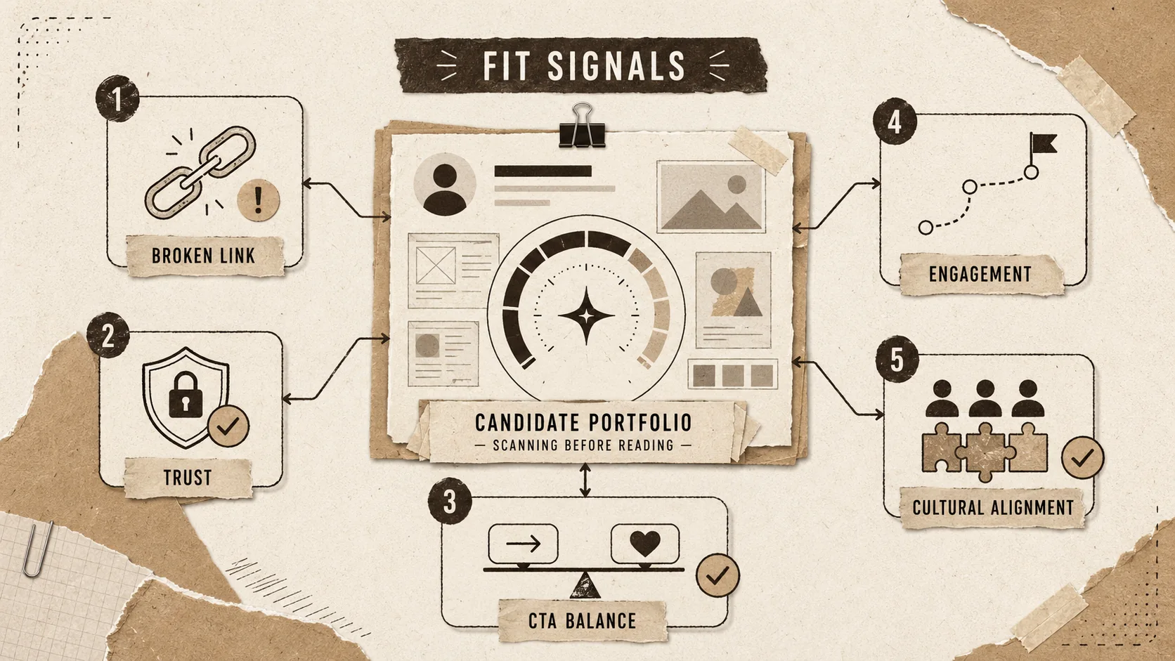 Screenshot of a LinkedIn Recruiter dashboard interface, showing a candidate's profile with an "AI-Assisted Fit Score" and tags like "Strong Digital Presence" and "Portfolio Engagement Metrics."