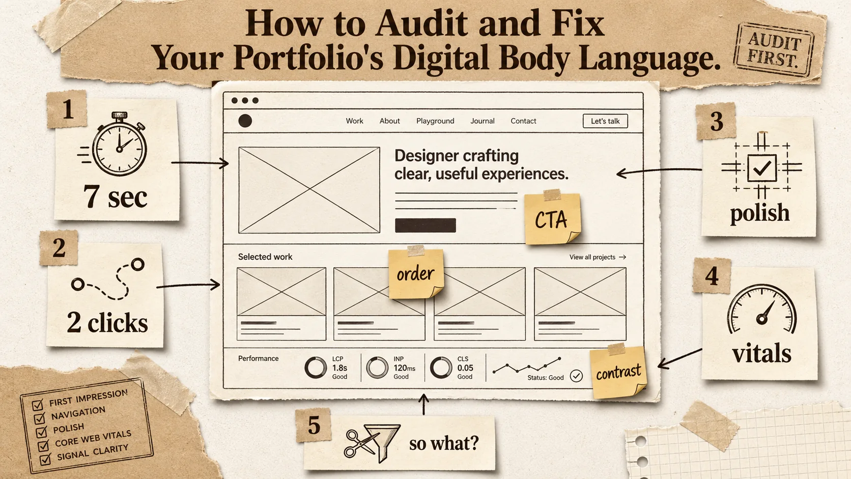 Screenshot of a Figma artboard used for a portfolio UX audit. It shows a wireframe of a portfolio site with sticky notes attached, labeling issues like "Weak Hero CTA," "Project Order Illogical," and "Color Contrast Fail."