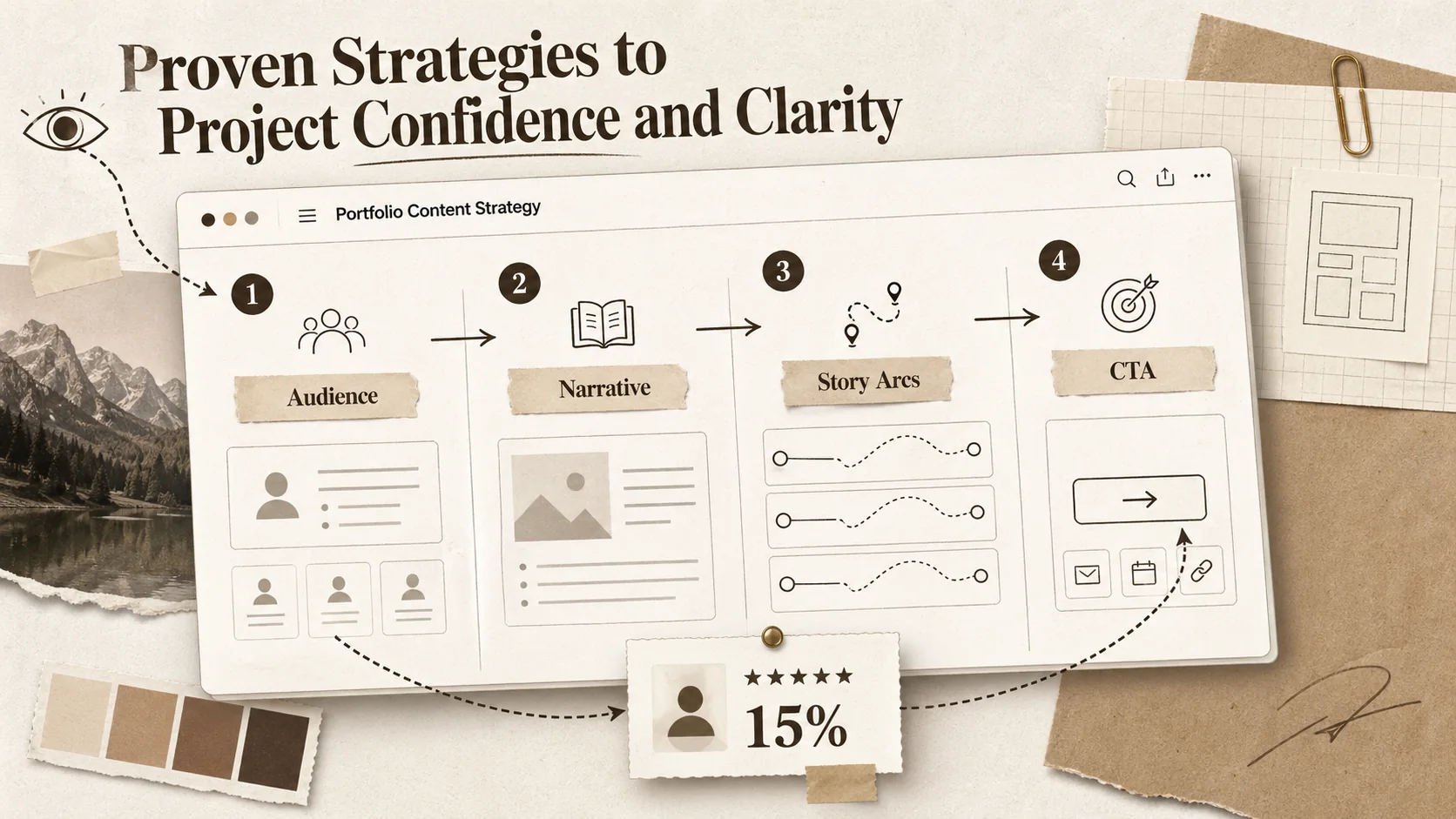 Screenshot of a Notion page template titled "Portfolio Content Strategy," with sections for Target Audience Personas, Core Narrative, Project Story Arcs, and Call-to-Action Plan.