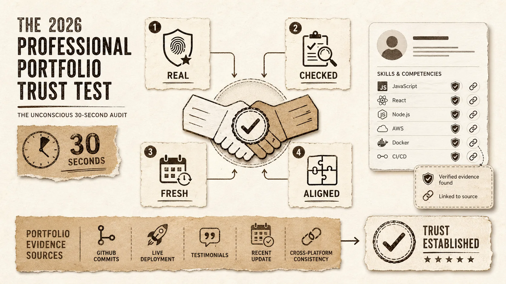 Screenshot of a LinkedIn profile page showing the new "Verified Skills" badges next to listed competencies, with a tooltip explaining the verification process.