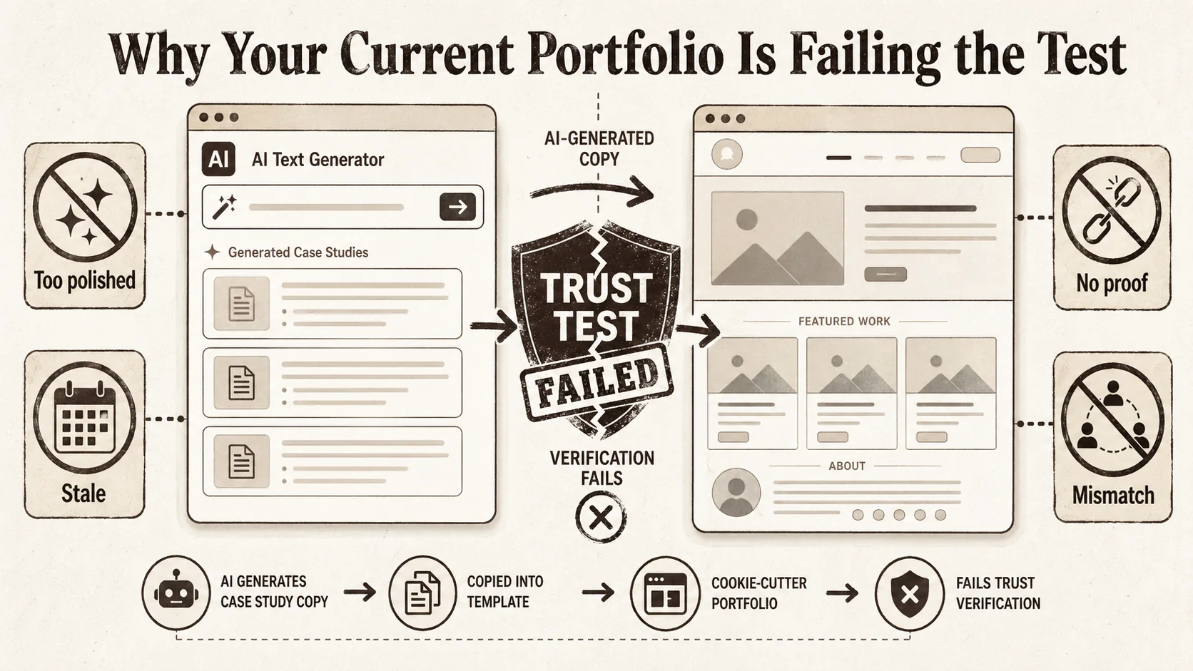 Screenshot of a browser window with two tabs open: one showing an AI text generator interface with a prompt for "portfolio case study," and another showing a generic, templated portfolio website with stock imagery.