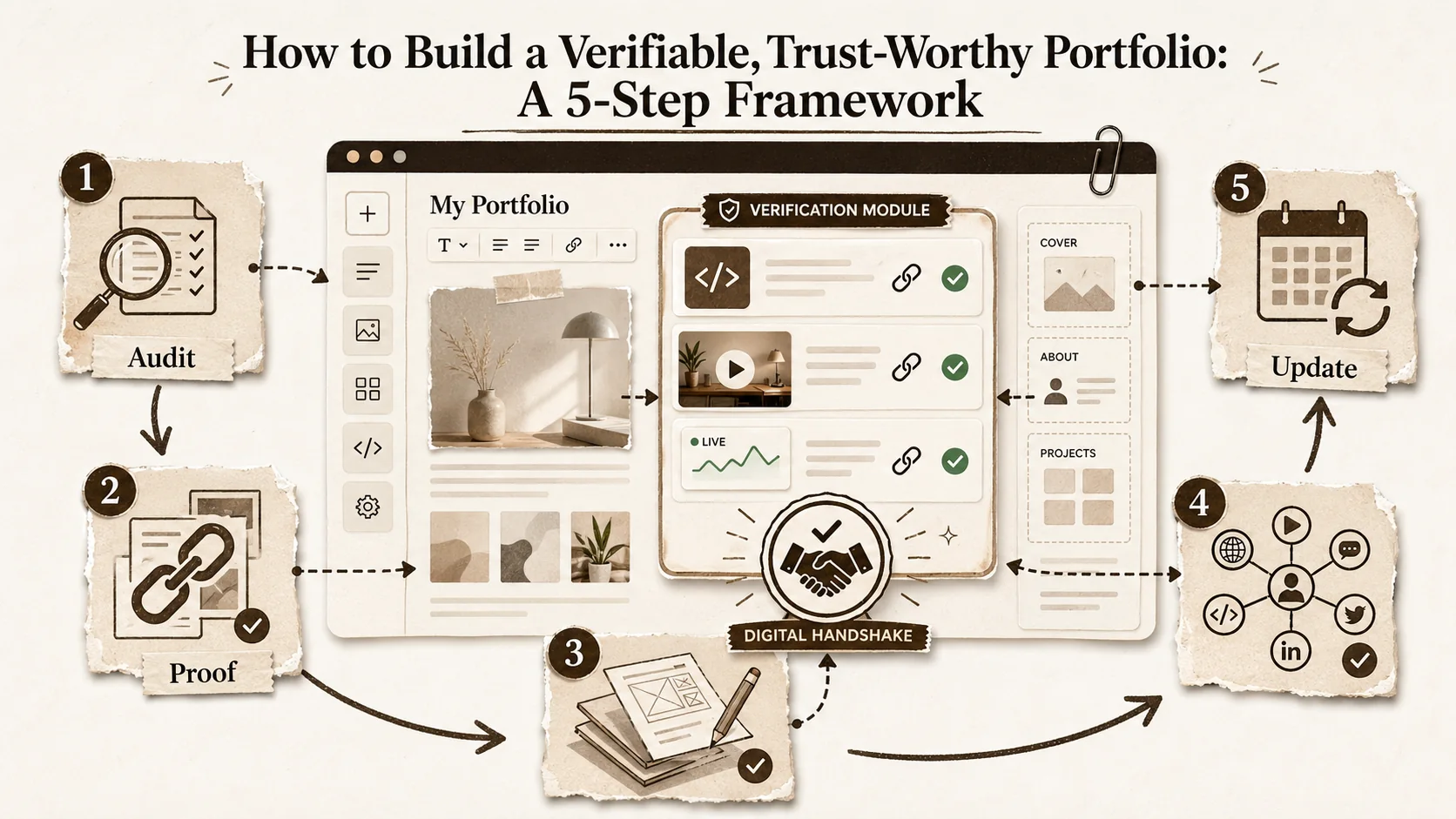 Screenshot of a Popout page editor interface showing the 'Add Verification' module, with options to link GitHub, add a video intro, and display live project widgets.